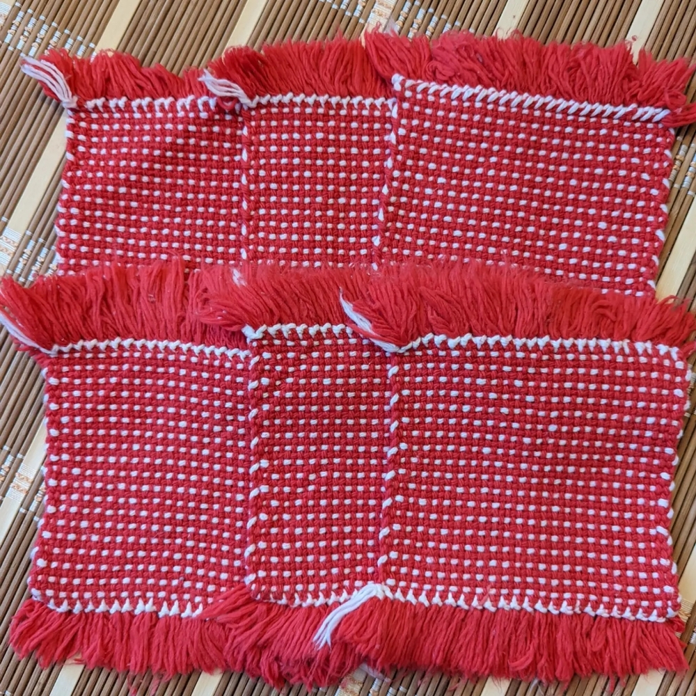 Set of 6 red and white handwoven mug rugs